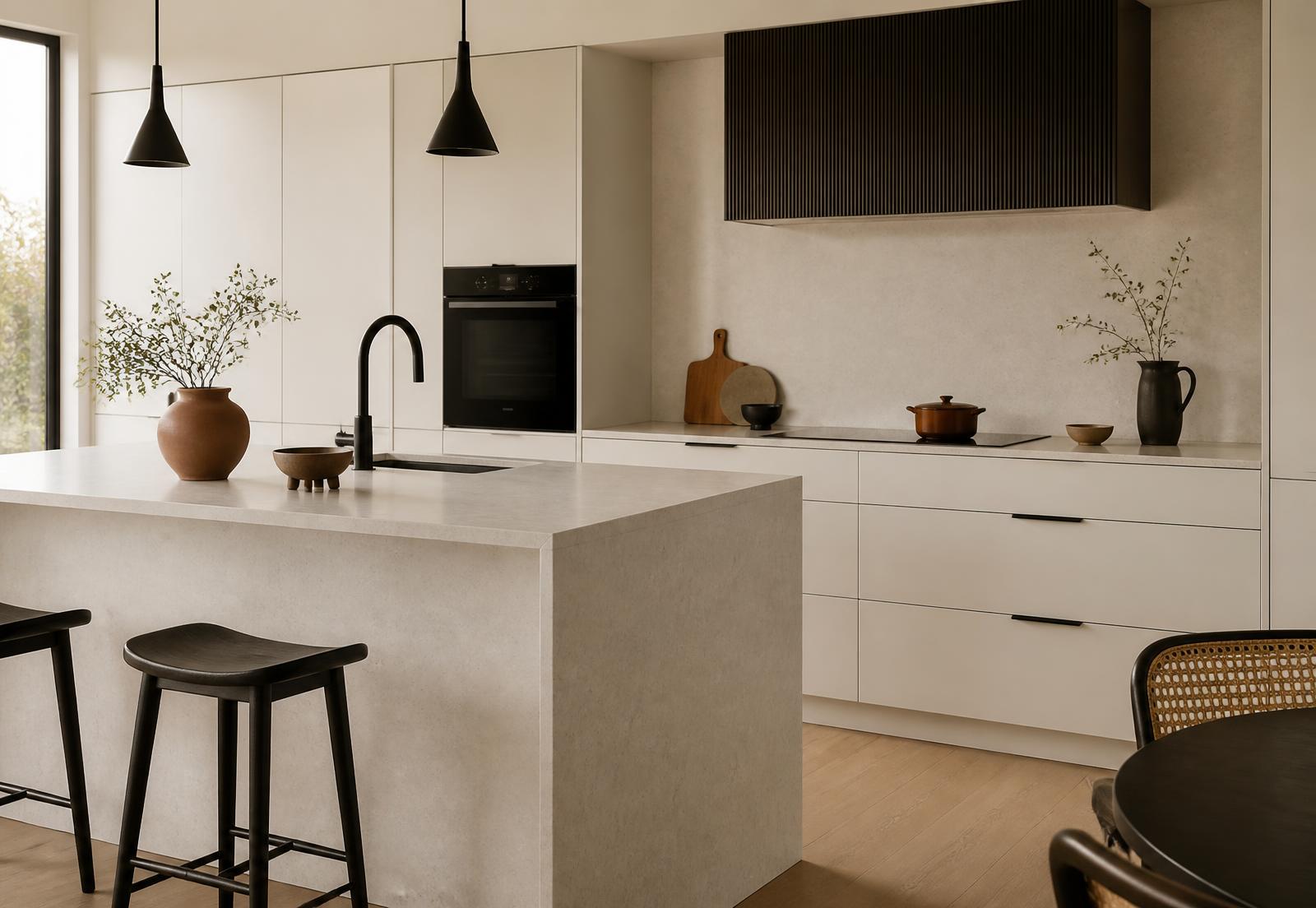 Cocina con encimera de cuarzo claro e isla con lateral en cascada