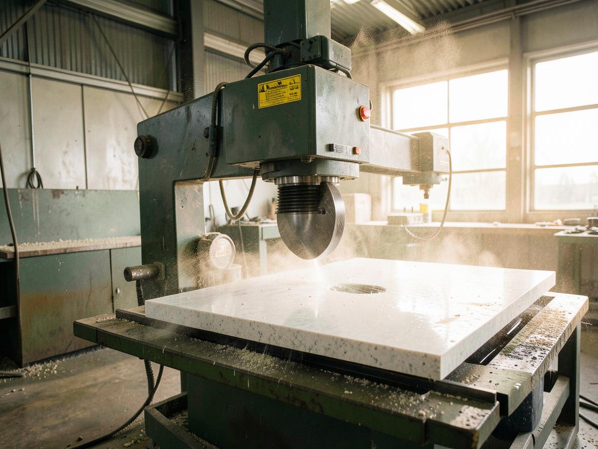Máquina de corte CNC trabajando una placa de cuarzo en el taller